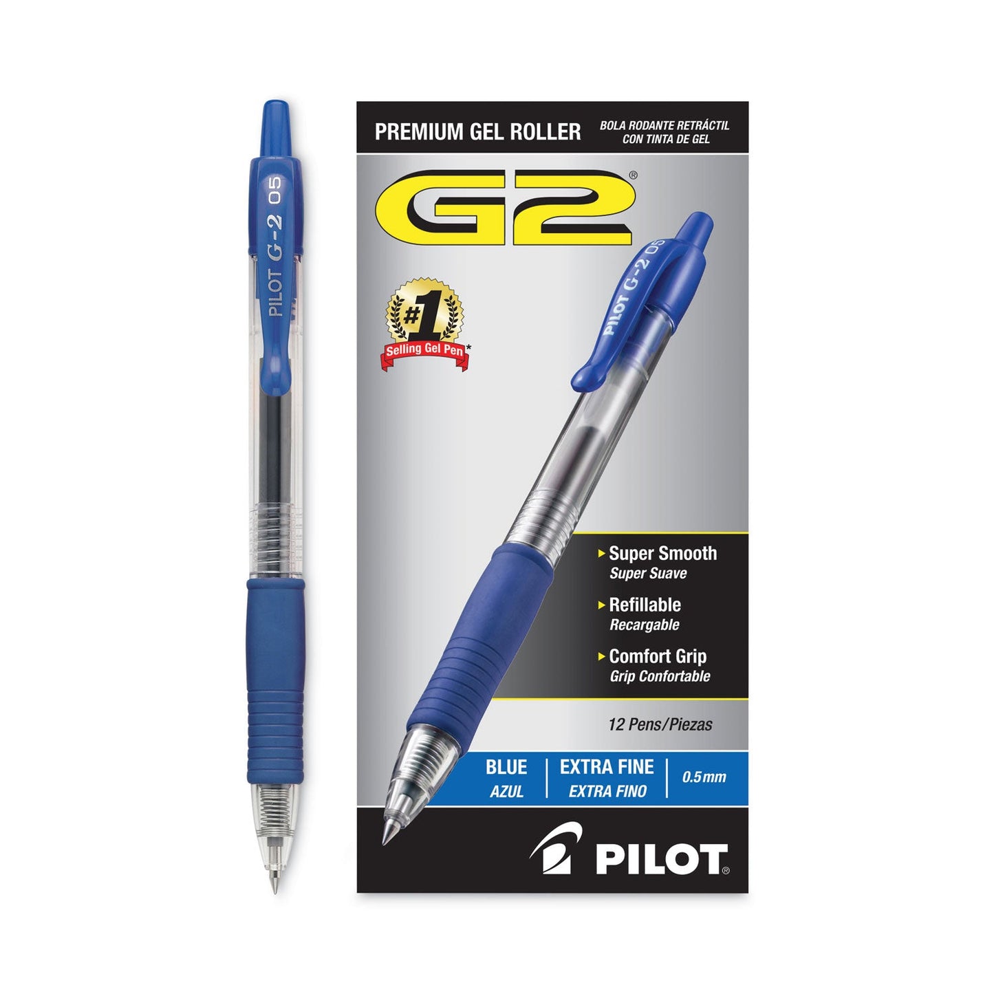 Pilot G2 Premium Gel Pen, Retractable, Extra-Fine 0.5 mm, Blue Ink, Smoke Barrel, Dozen