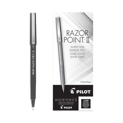 Pilot Razor Point II Super Fine Line Porous Point Pen, Stick, Extra-Fine 0.2 mm, Black Ink, Black Barrel, Dozen