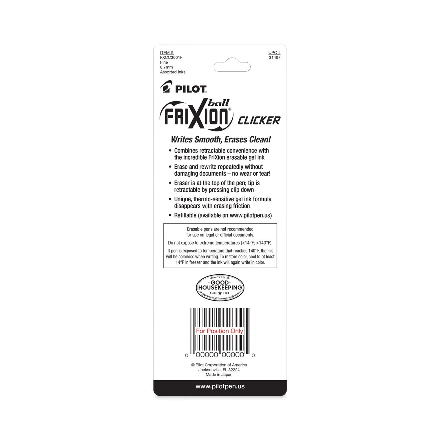 Pilot FriXion Clicker Erasable Gel Pen, Retractable, Fine 0.7 mm, Three Assorted Business Ink and Barrel Colors, 3/Pack