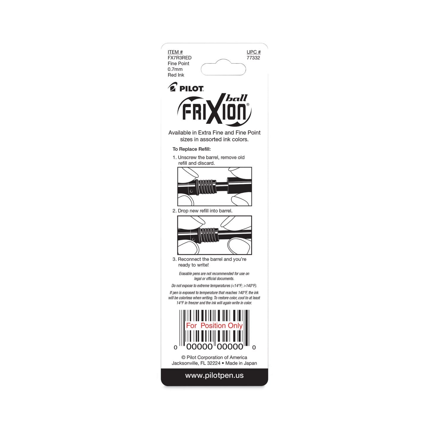 Pilot Refill for Pilot FriXion Erasable, FriXion Ball, FriXion Clicker and FriXion LX Gel Ink Pens, Fine Tip, Red Ink, 3/Pack