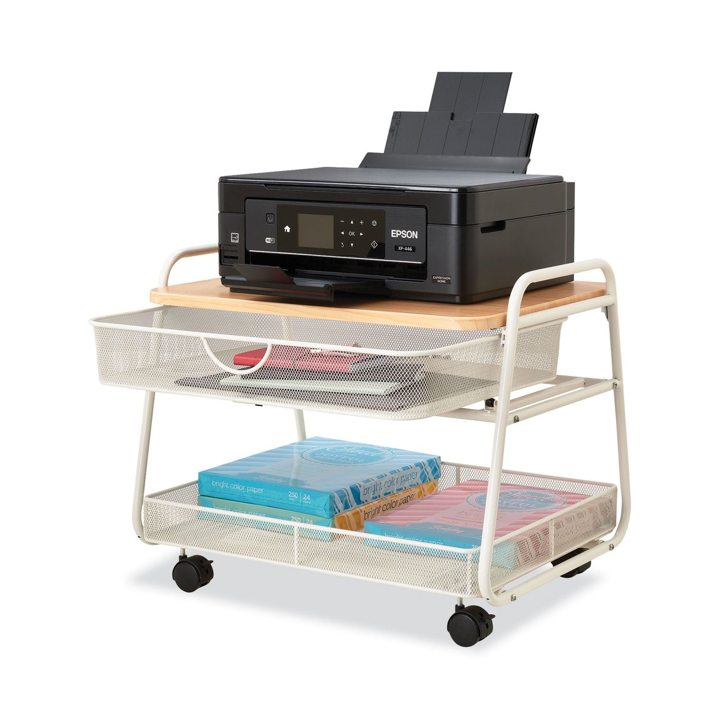 Safco Onyx Under Desk Machine Stand, Metal, 1 Shelf, 1 Drawer, 1 Bin, 100 lb Capacity, 21" x 16" x 17.5", White