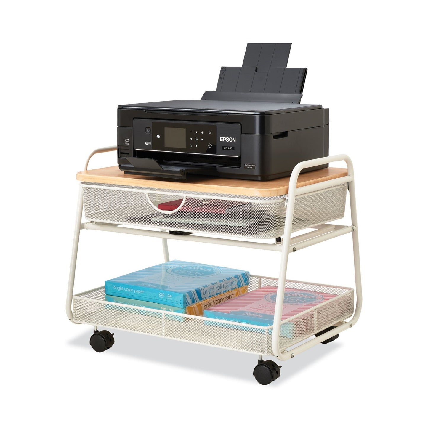 Safco Onyx Under Desk Machine Stand, Metal, 1 Shelf, 1 Drawer, 1 Bin, 100 lb Capacity, 21" x 16" x 17.5", White