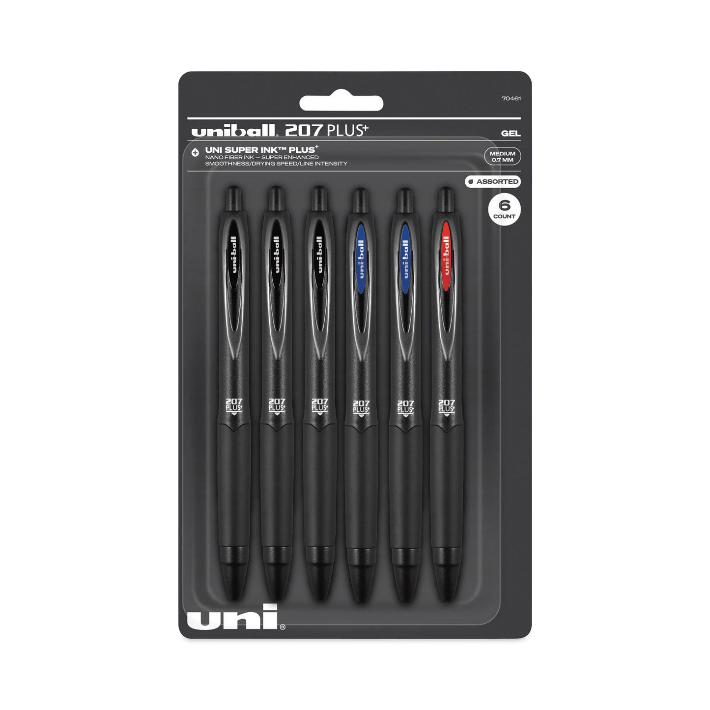 uniball 207 Plus+ Gel Pen, Retractable, Medium 0.7 mm, Assorted Ink Colors, Black Barrel, 6/Pack