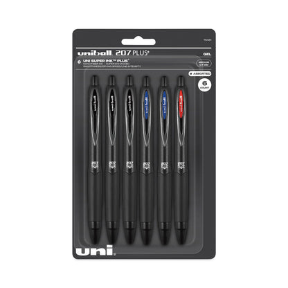 uniball 207 Plus+ Gel Pen, Retractable, Medium 0.7 mm, Assorted Ink Colors, Black Barrel, 6/Pack