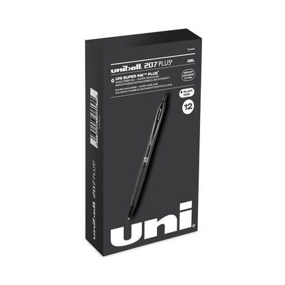 uniball 207 Plus+ Gel Pen, Retractable, Medium 0.7 mm, Black Ink, Black Barrel, Dozen