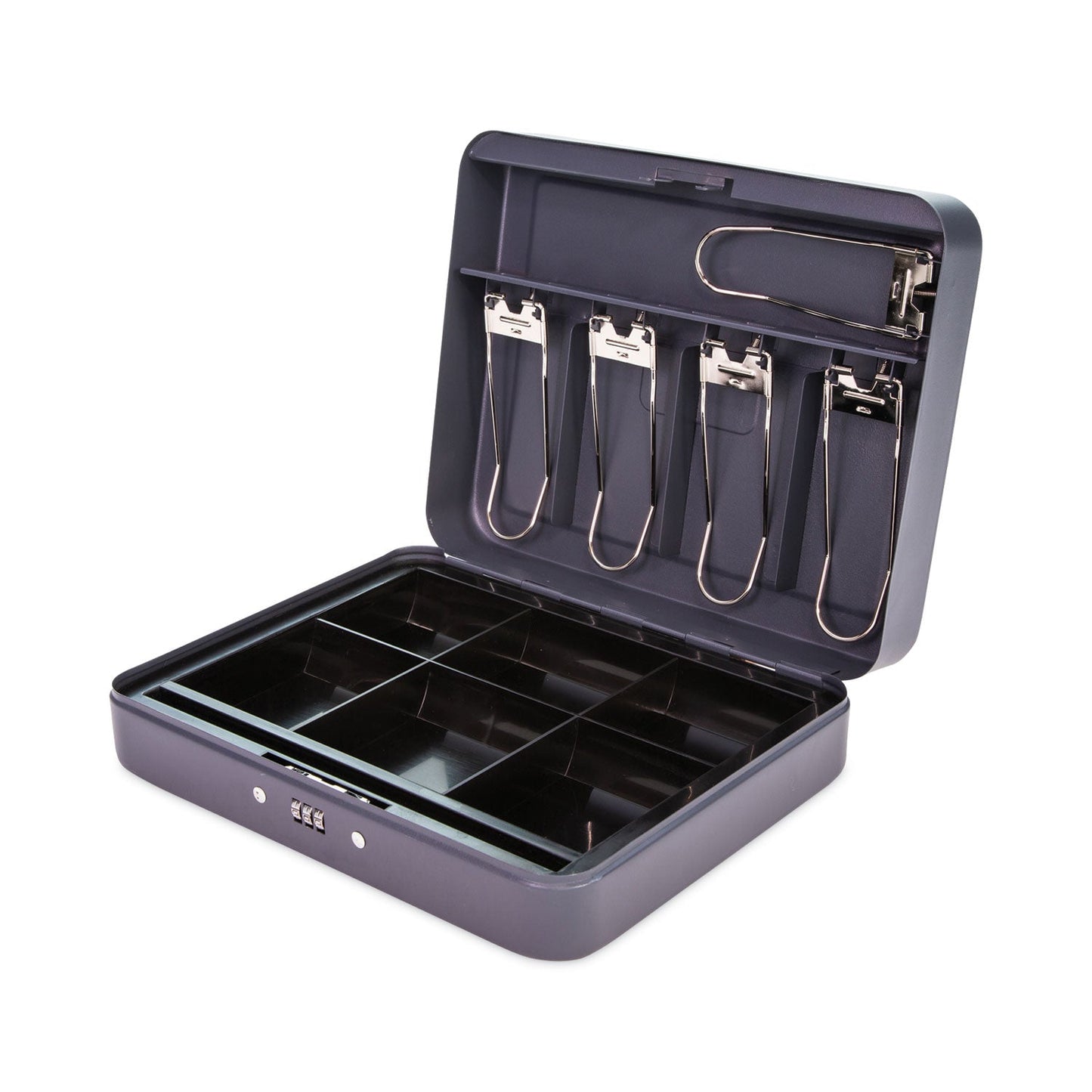 CONTROLTEK Cash Box with Combination Lock, 6 Compartments, 11.8 x 9.5 x 3.2, Charcoal