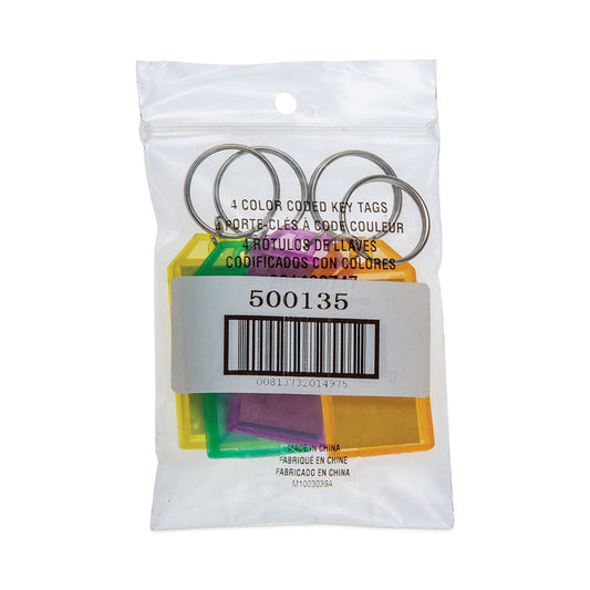 CONTROLTEK Key Tags, Green/Orange/Purple/Yellow, 4/Pack, 12 Packs/Carton