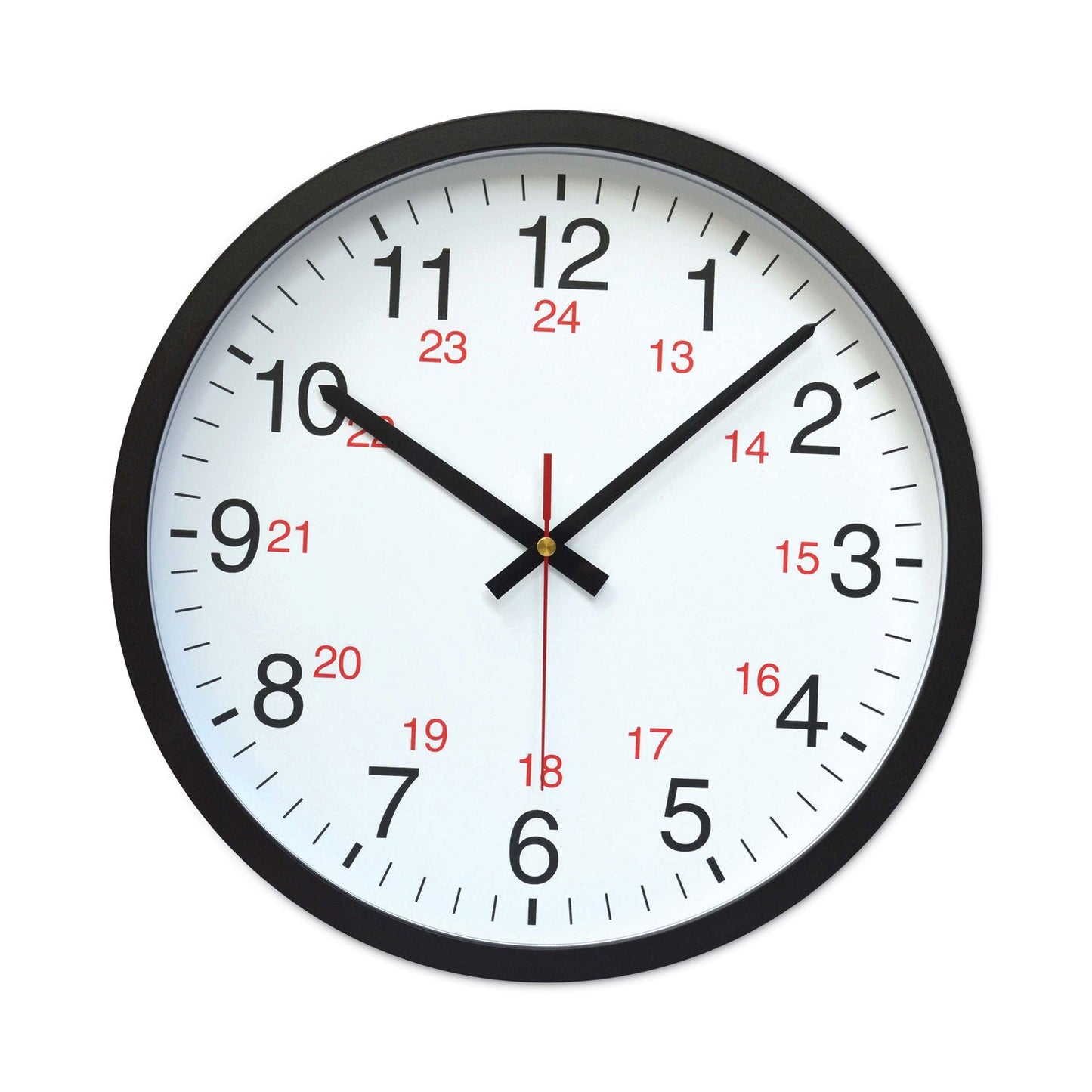 Universal 24-Hour Round Wall Clock, 12.63" Overall Diameter, Black Case, 1 AA (sold separately)