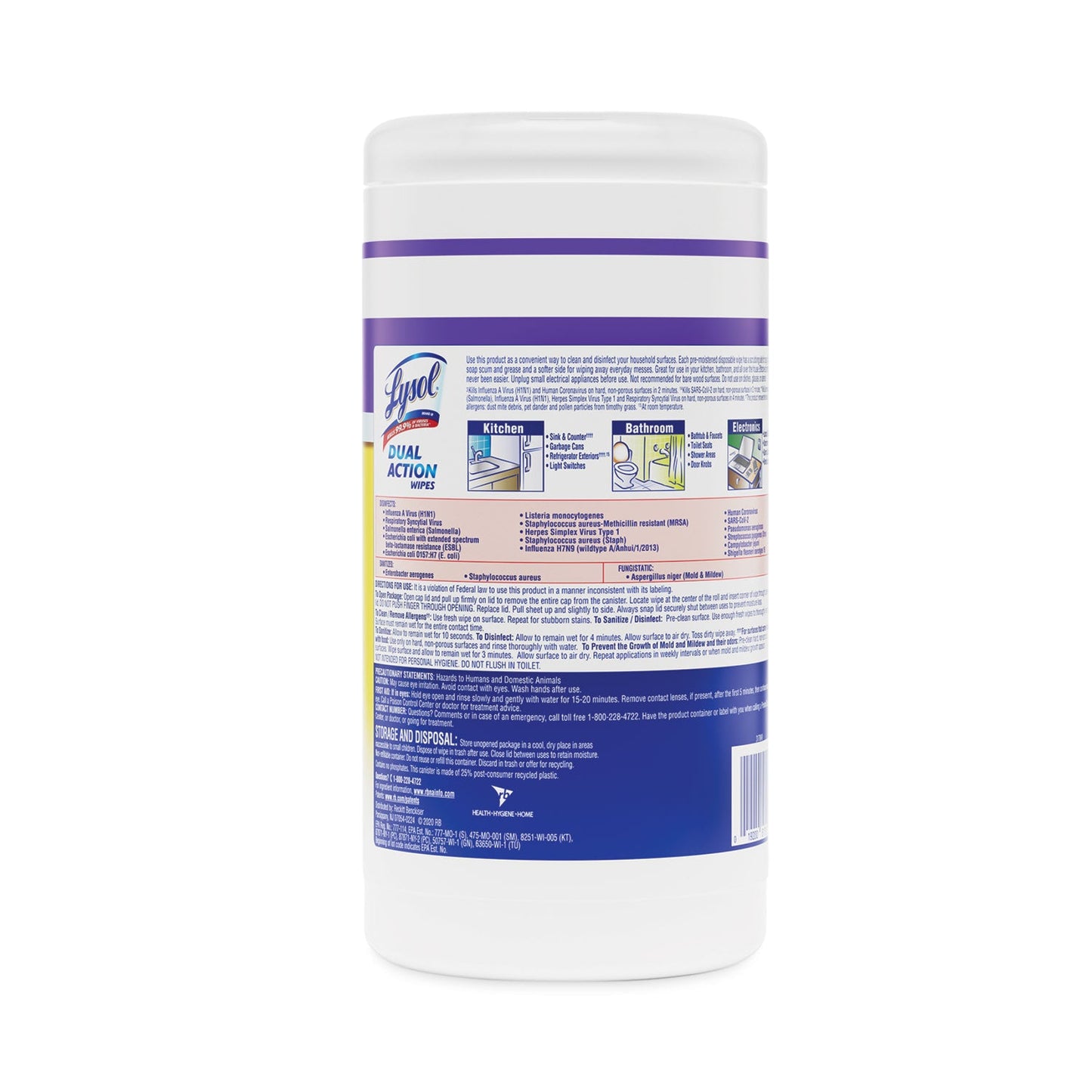 LYSOL Dual Action Disinfecting Wipes, 7 x 7.5, Citrus, White/Purple, 75/Canister, 6/Carton