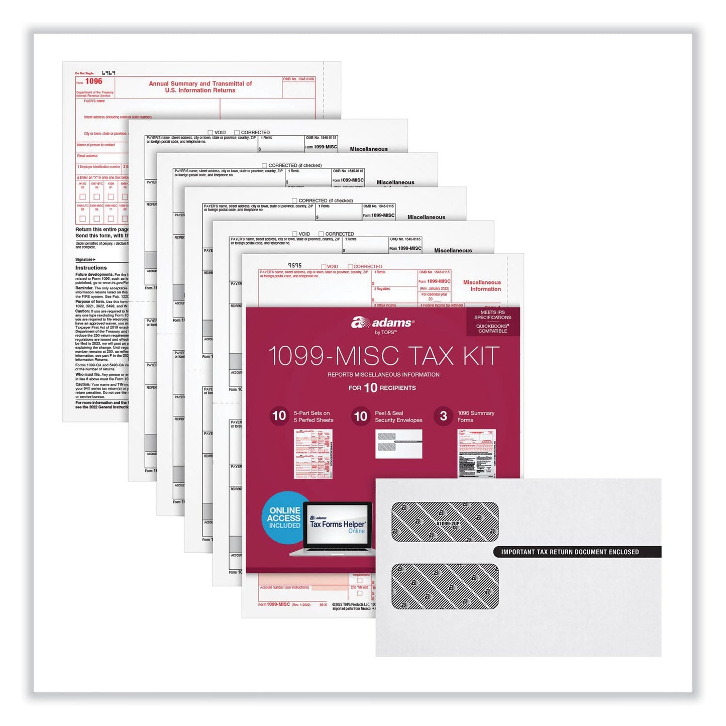 Adams 1099-MISC Five-Part Laser Forms and Envelopes, Five-Part Carbonless, 8.5 x 5.5, 10/Pack
