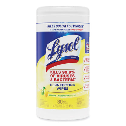 LYSOL Disinfecting Wipes, 7 x 7.25, Lemon and Lime Blossom, 80 Wipes/Canister, 6 Canisters/Carton