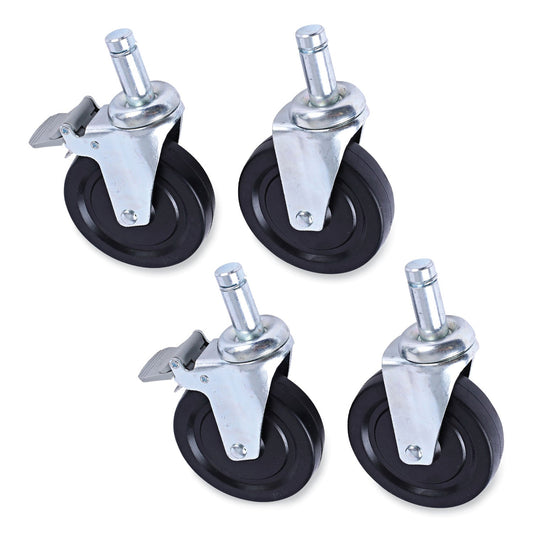 Alera Optional Casters for Wire Shelving, Hooded Design with Integrated Bumpers, Grip Ring Stem, 5" Wheel, Black, 4/Set (2 Locking)