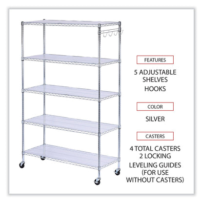 Alera 5-Shelf Wire Shelving Kit with Casters and Shelf Liners, 48w x 18d x 72h, Silver