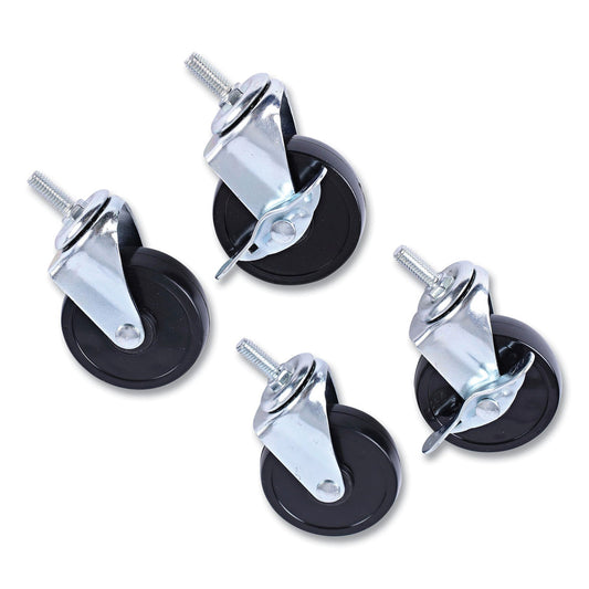 Alera Optional Casters for Wire Shelving, Grip Ring Stem, 3" Wheel, Black, 4/Set (2 Locking)