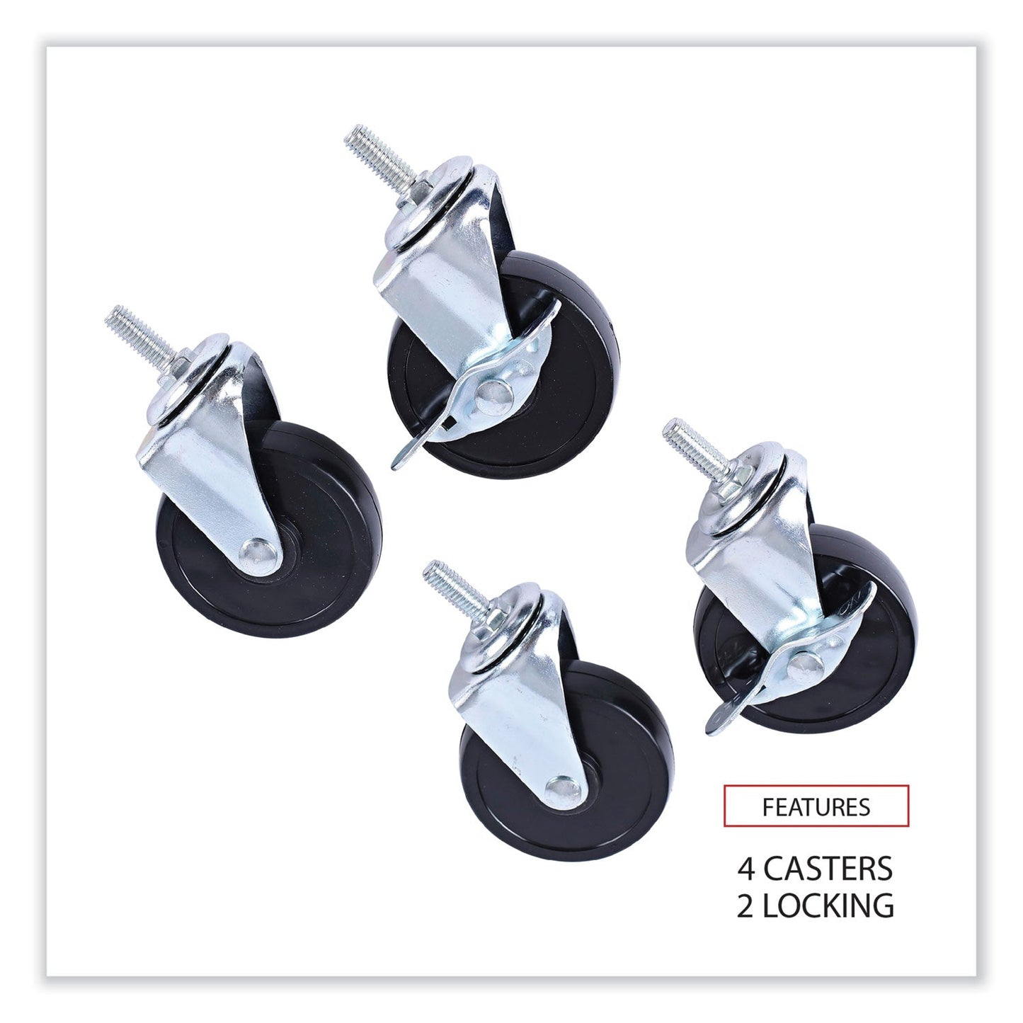 Alera Optional Casters for Wire Shelving, Grip Ring Stem, 3" Wheel, Black, 4/Set (2 Locking)