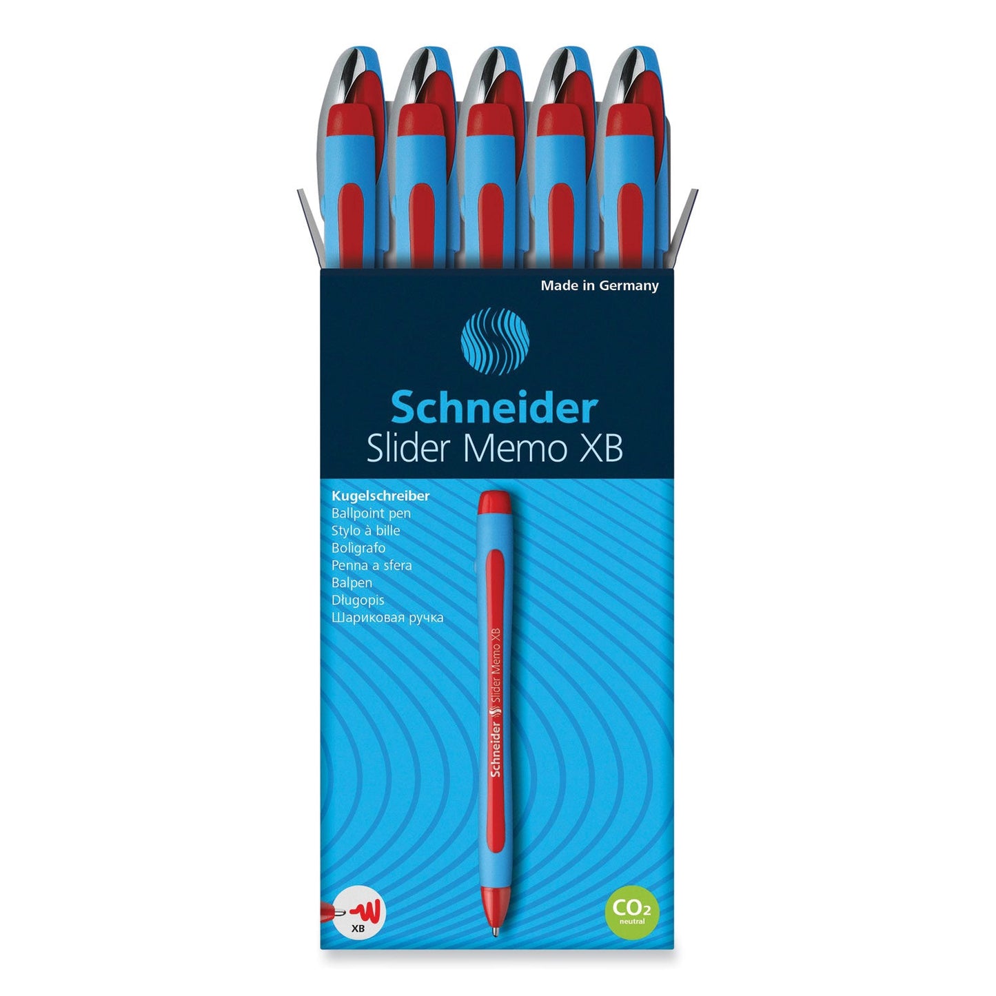 Schneider Slider Memo XB Ballpoint Pen, Stick, Extra-Bold 1.4 mm, Red Ink, Red/Light Blue Barrel, 10/Box