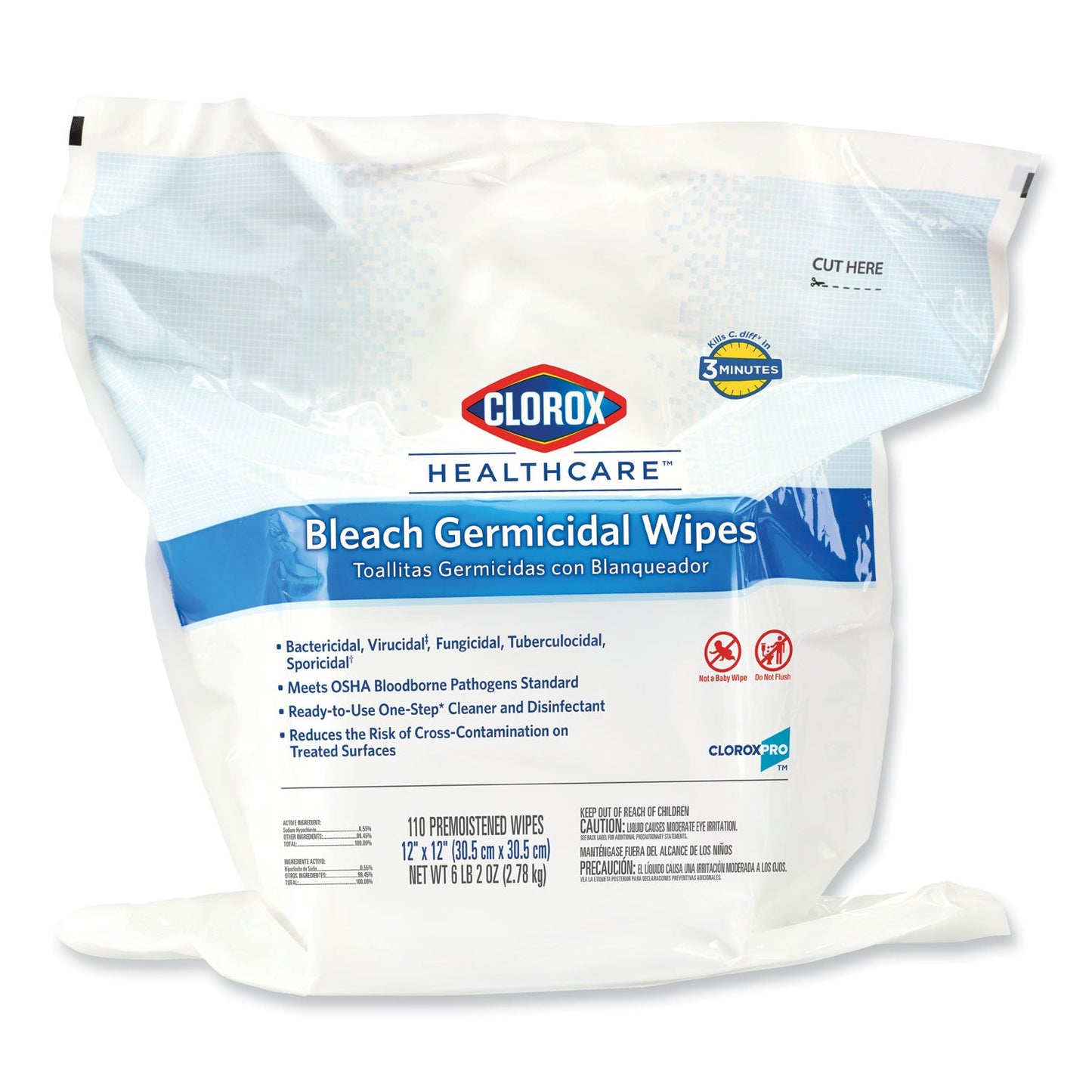 Clorox Bleach Germicidal Wipes, 12 x 12, Unscented, 110/Bag