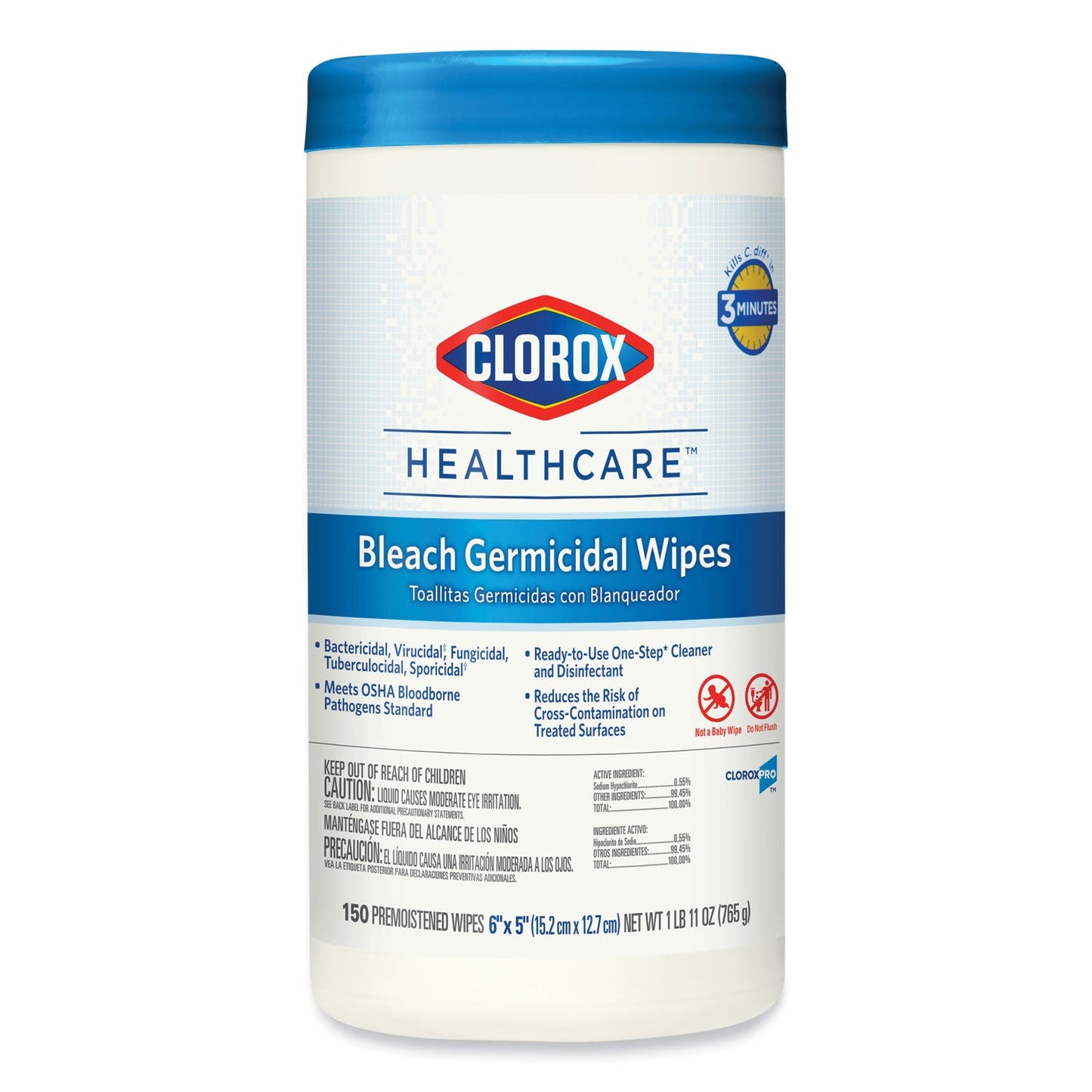 Clorox Bleach Germicidal Wipes, 6 x 5, Unscented, 150/Canister, 6 Canisters/Carton