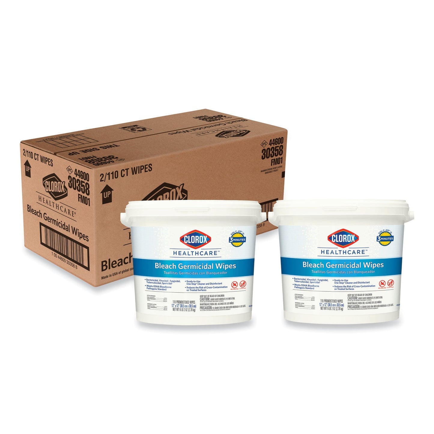 Clorox Bleach Germicidal Wipes, 12 x 12, Unscented, 110/Canister, 2/Carton