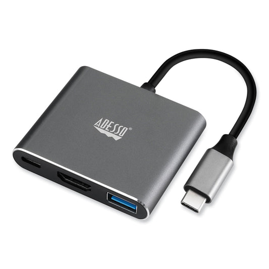 Adesso 3-in-1 USB-C Multi-Port TAA Compliant Docking Station, HDMI, USB-C, USB 3 A+PD, Black/Gray