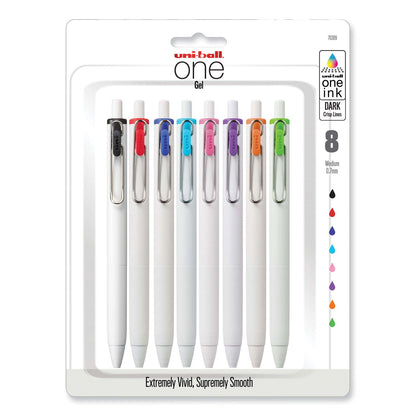 uniball uniONE Gel Pen, Retractable, Medium 0.7 mm, Inspirational Ink-Color Assortment, White Barrel, 8/Pack