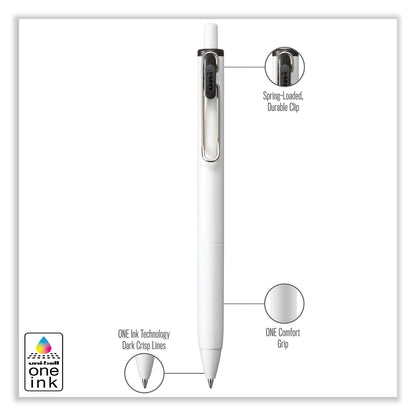 uniball uniONE Gel Pen, Retractable, Medium 0.7 mm, Black Ink, White Barrel, Dozen