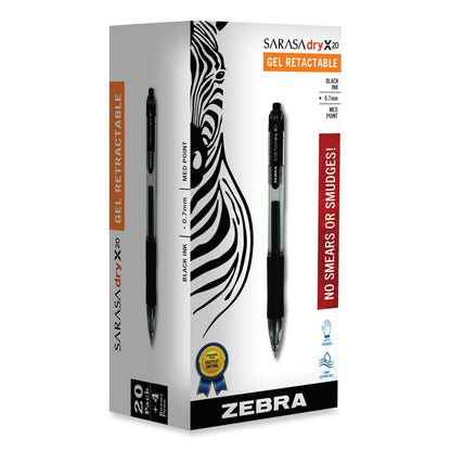 Zebra Sarasa Dry Gel X20 Gel Pen Value Pack, Retractable, Medium 0.7 mm, Black Ink, Smoke Barrel, 24/Box
