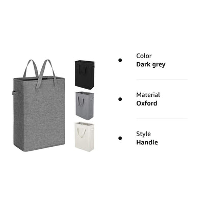 Slim Laundry Hamper With Handles Collapsible Laundry Basket Thin Dirty Clothes Basket Narrow Laundry Bag Foldable Dirty Cloth Hamper 45L (21 inchesDark Grey)
