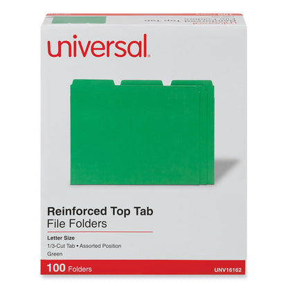 Universal Reinforced Top-Tab File Folders, 1/3-Cut Tabs: Assorted, Letter Size, 1" Expansion, Green, 100/Box