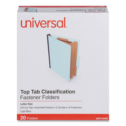 Universal Six-Section Pressboard Classification Folders, 2 Dividers, Letter Size, Light Blue, 20/Box