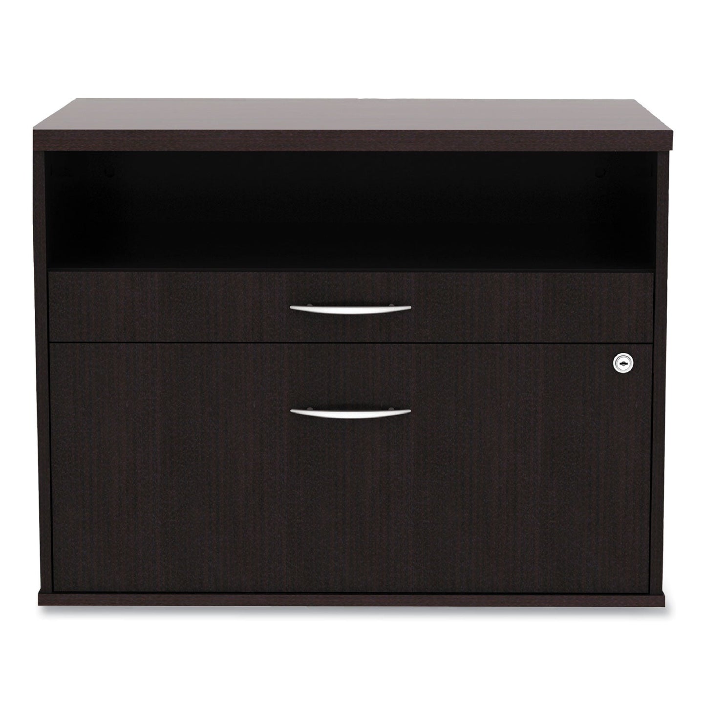 Alera Open Office Desk Series Low File Cabinet Credenza, 2-Drawer: Pencil/File,Legal/Letter,1 Shelf,Espresso,29.5x19.13x22.88