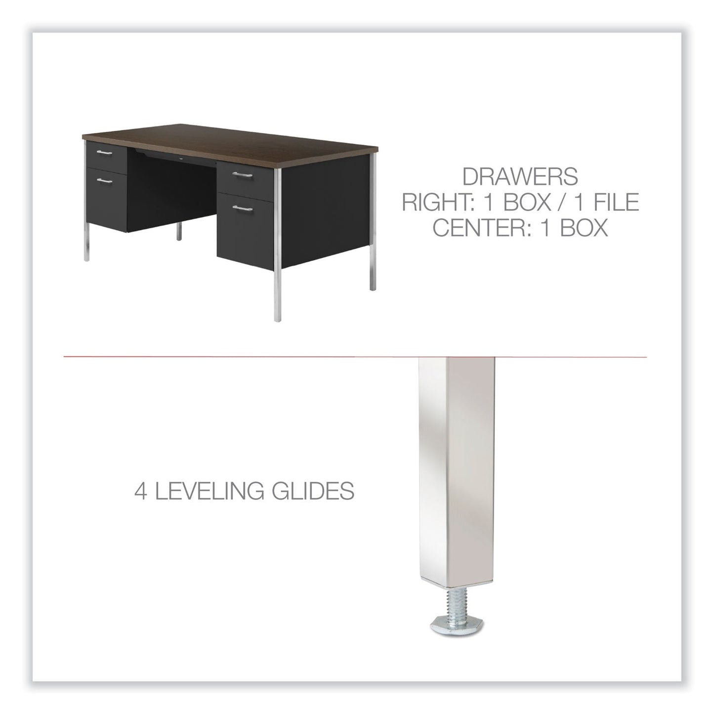 Alera Double Pedestal Steel Credenza, 60w x 24d x 29.5h, Mocha/Black