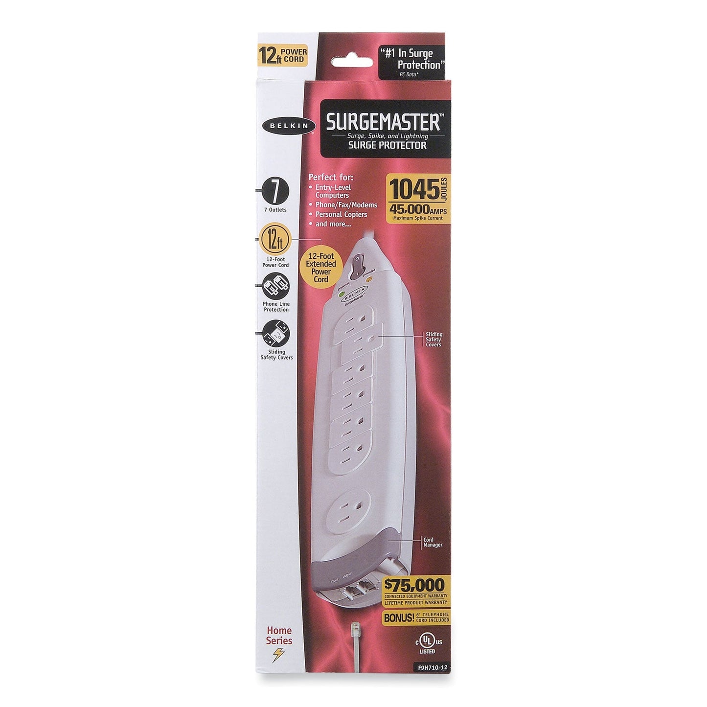 Belkin SurgeMaster Home Series Surge Protector, 7 AC Outlets, 12 ft Cord, 1,045 J, White