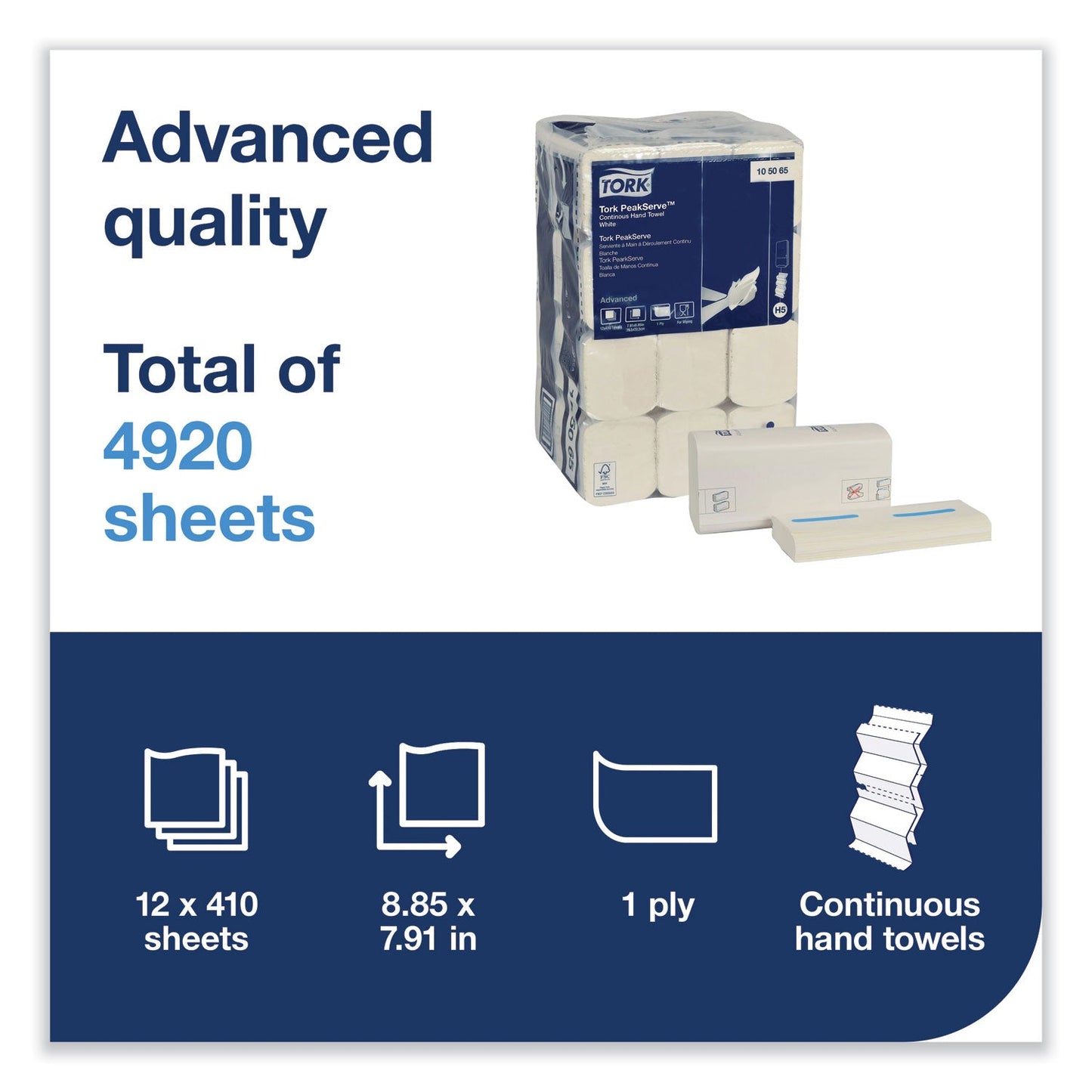 Tork PeakServe Continuous Hand Towel, 7.91 x 8.85, White, 410 Wipes/Pack, 12 Packs/Carton