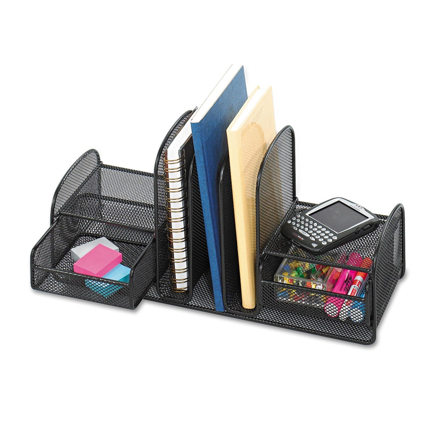 Safco Onyx Mesh Desk Organizer, Three Sections/Two Baskets, Steel Mesh, 17 x 6.75 x 7.75, Black
