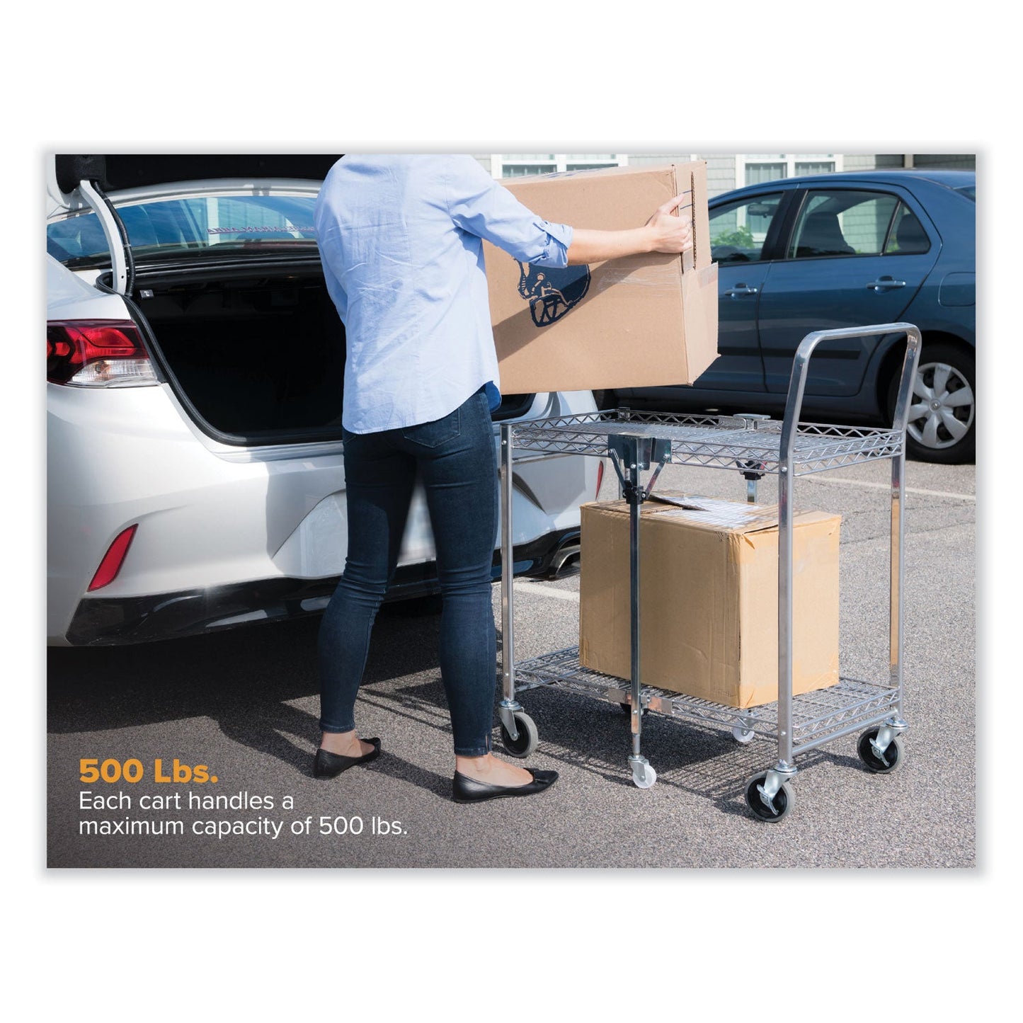 Bostitch Stowaway Folding Carts, Metal, 2 Shelves, 250 lb Capacity, 35" x 37.25" x 22", Chrome