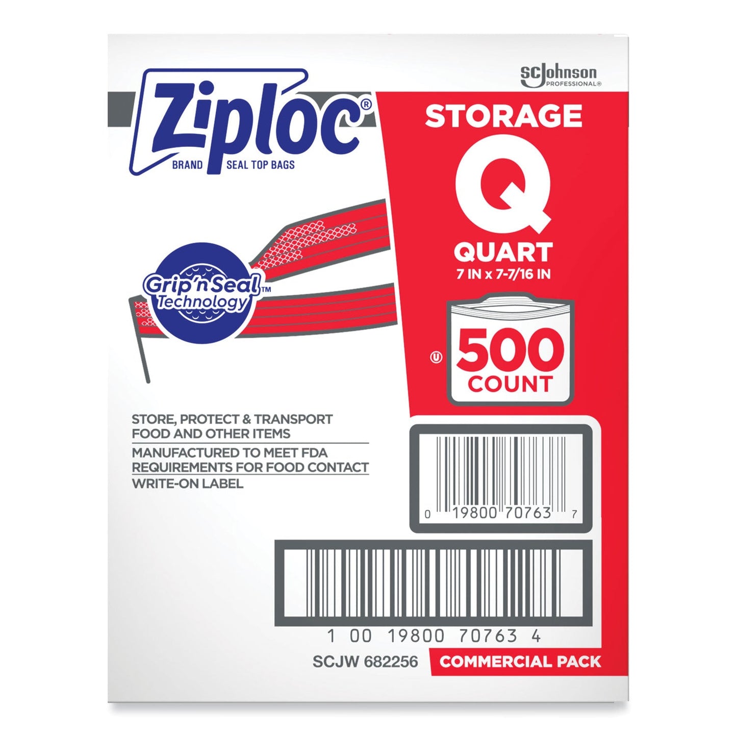 Ziploc Double Zipper Storage Bags, 1 qt, 1.75 mil, 7" x 7.75", Clear, 500/Box