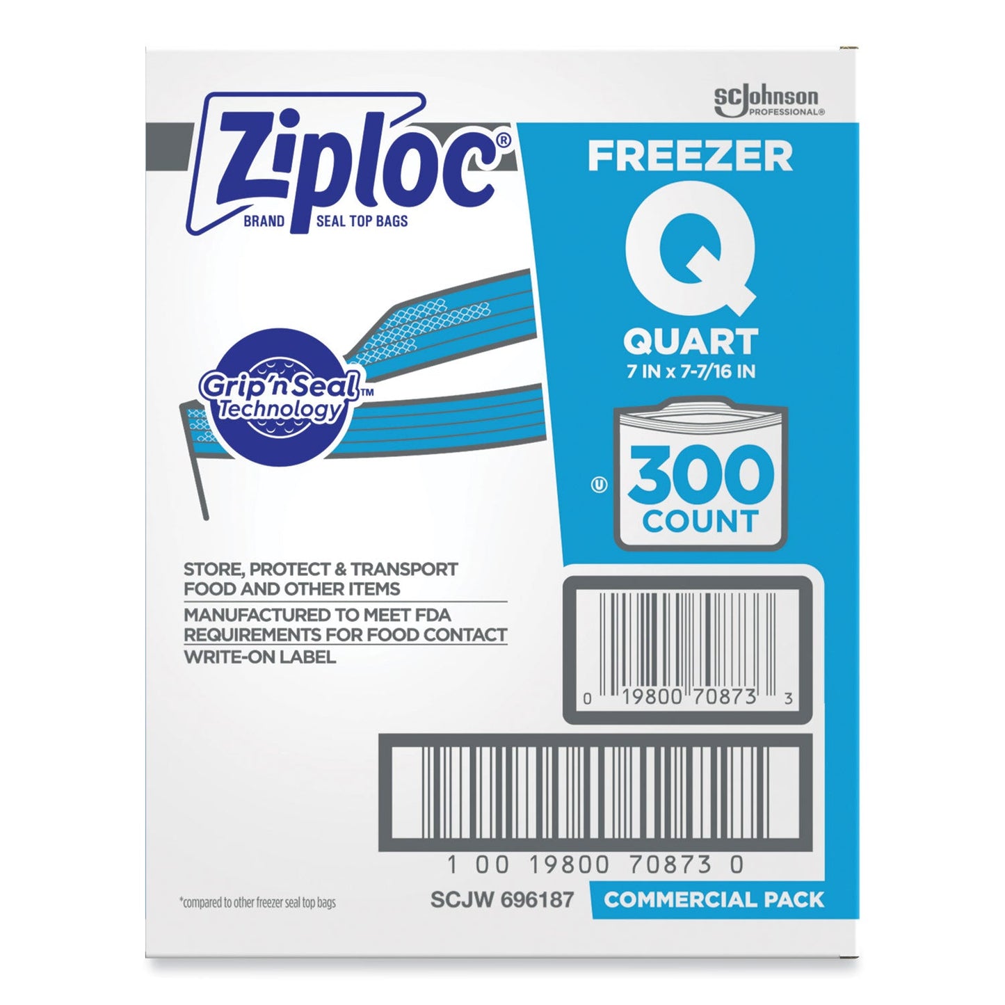 Ziploc Double Zipper Freezer Bags, 1 qt, 2.7 mil, 7" x 7.75", Clear, 300/Carton