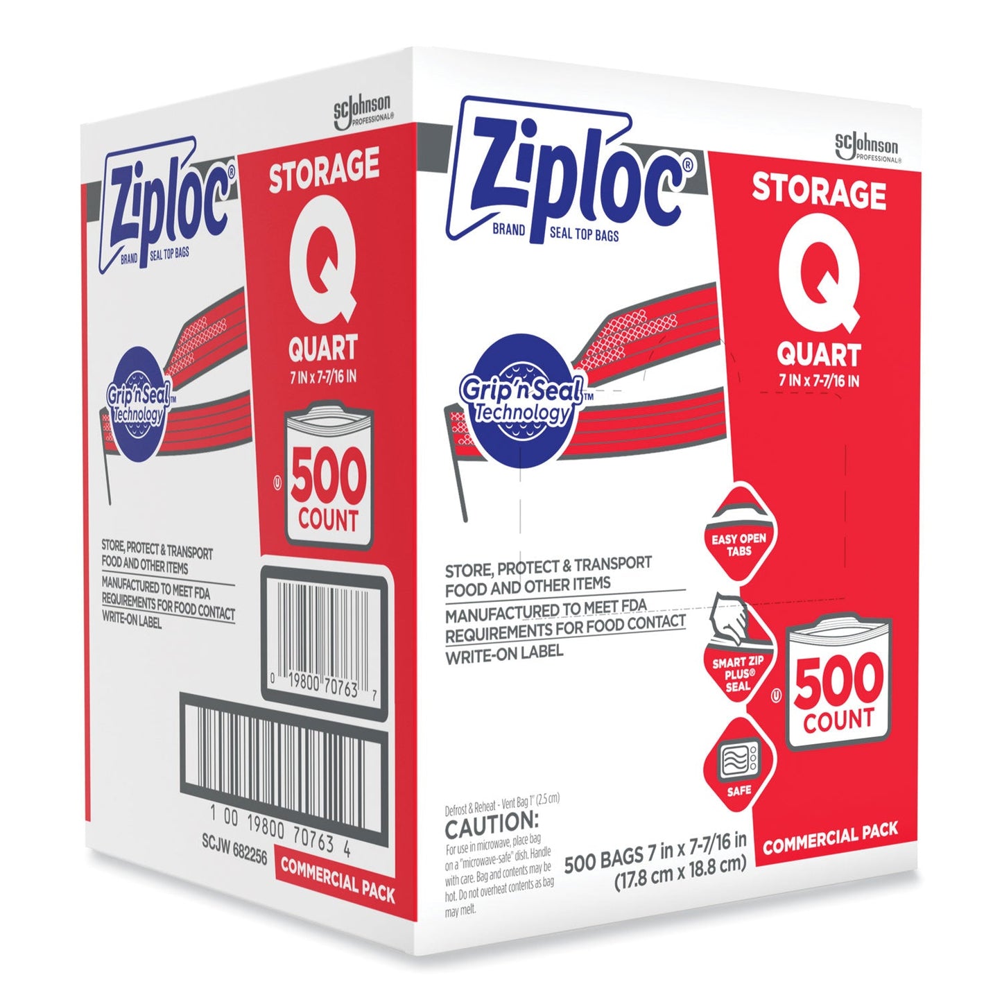 Ziploc Double Zipper Storage Bags, 1 qt, 1.75 mil, 7" x 7.75", Clear, 500/Box