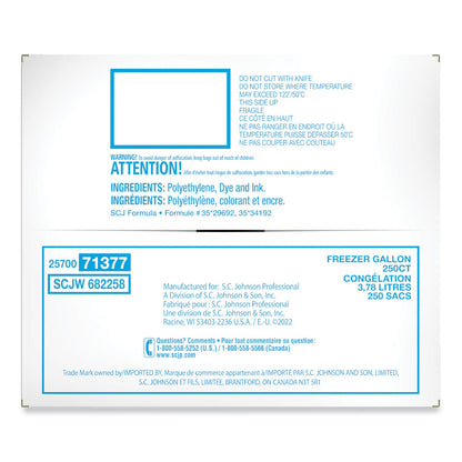 Ziploc Double Zipper Freezer Bags, 1 gal, 2.7 mil, 10.56" x 10.75", Clear, 250/Carton