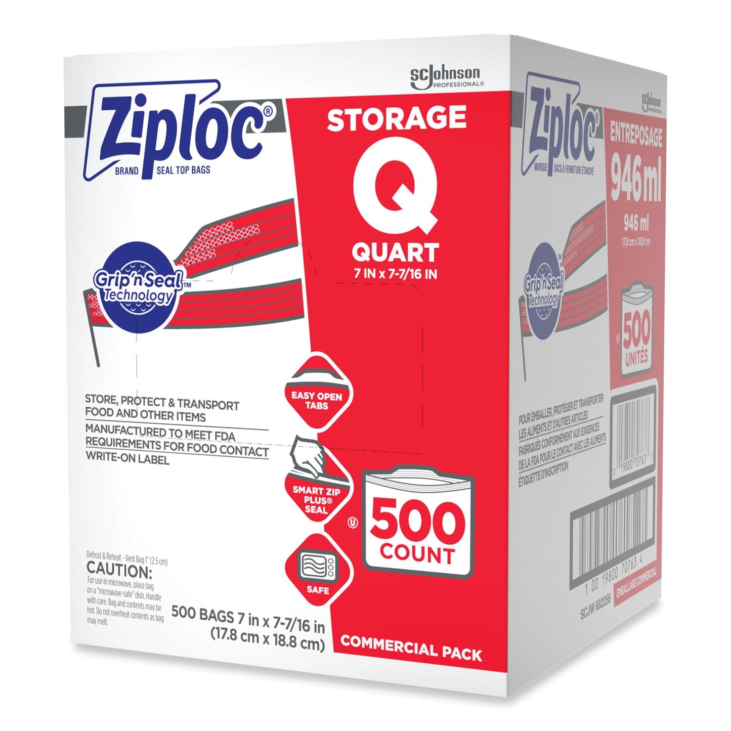 Ziploc Double Zipper Storage Bags, 1 qt, 1.75 mil, 7" x 7.75", Clear, 500/Box
