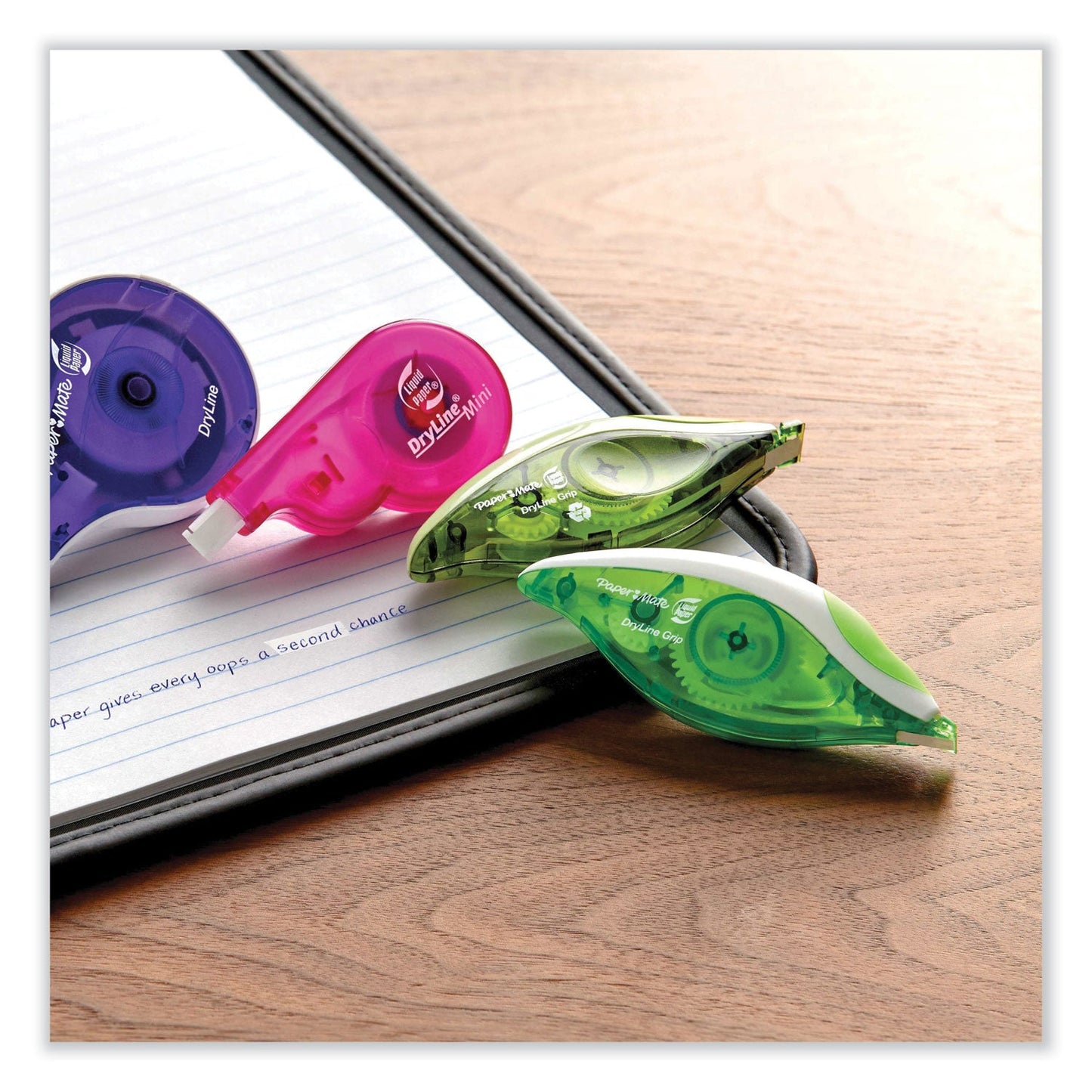 Paper Mate DryLine Grip Correction Tape, Recycled Dispenser, Green/White Applicator, 0.2" x 335", 2/Pack