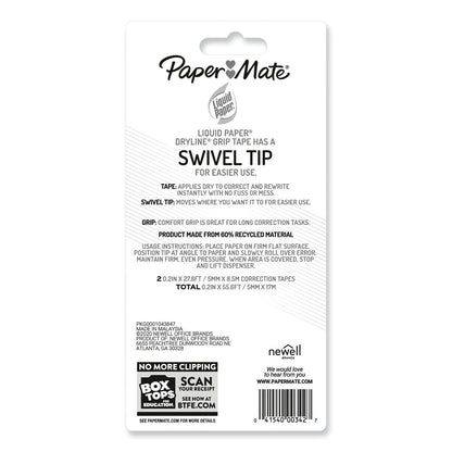 Paper Mate DryLine Grip Correction Tape, Recycled Dispenser, Green/White Applicator, 0.2" x 335", 2/Pack