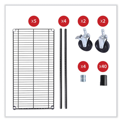 Alera 5-Shelf Wire Shelving Kit with Casters and Shelf Liners, 36w x 18d x 72h, Black Anthracite