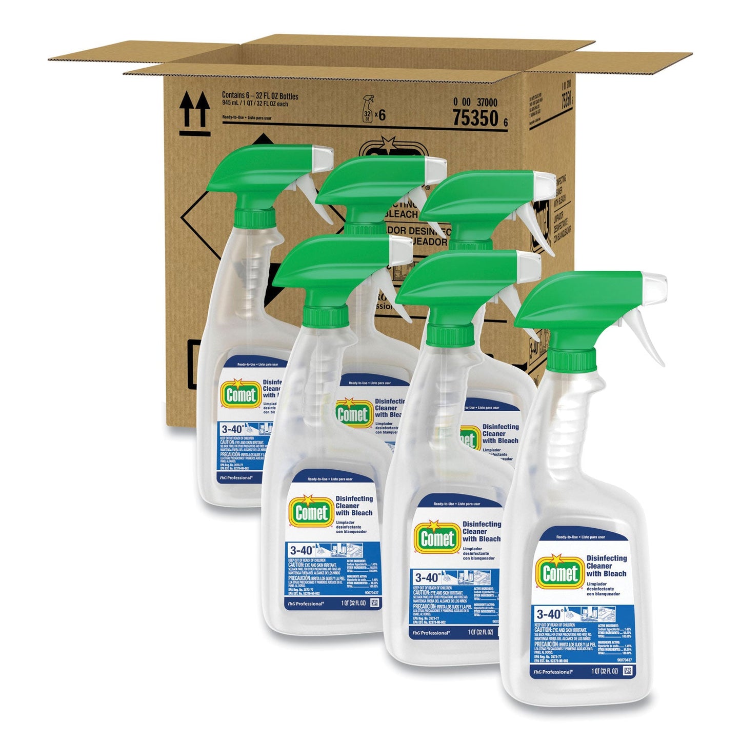 Comet Disinfecting Cleaner with Bleach, 32 oz, Plastic Spray Bottle, Fresh Scent, 6/Carton