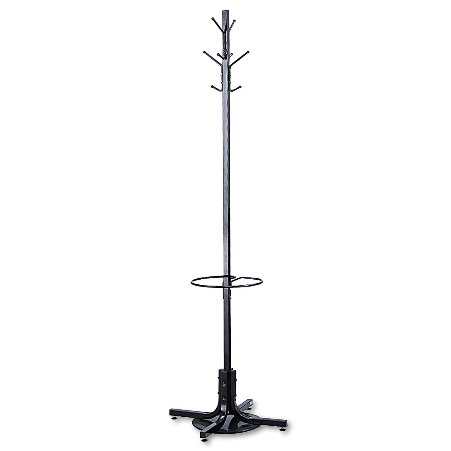 Safco Metal Costumer with Umbrella Holder, Four Ball-Tipped Double-Hooks, 21w x 21d x 70h, Black