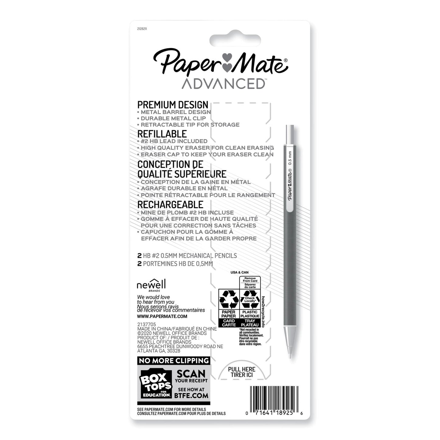 Paper Mate Advanced Mechanical Pencils, 0.5 mm, HB (#2), Black Lead, Black; Gray Barrel, 2/Pack