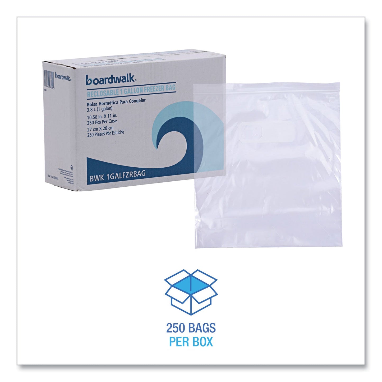Boardwalk Reclosable Food Storage Bags, 1 gal, 2.7 mil, 10.5" x 11", Clear, 250/Box