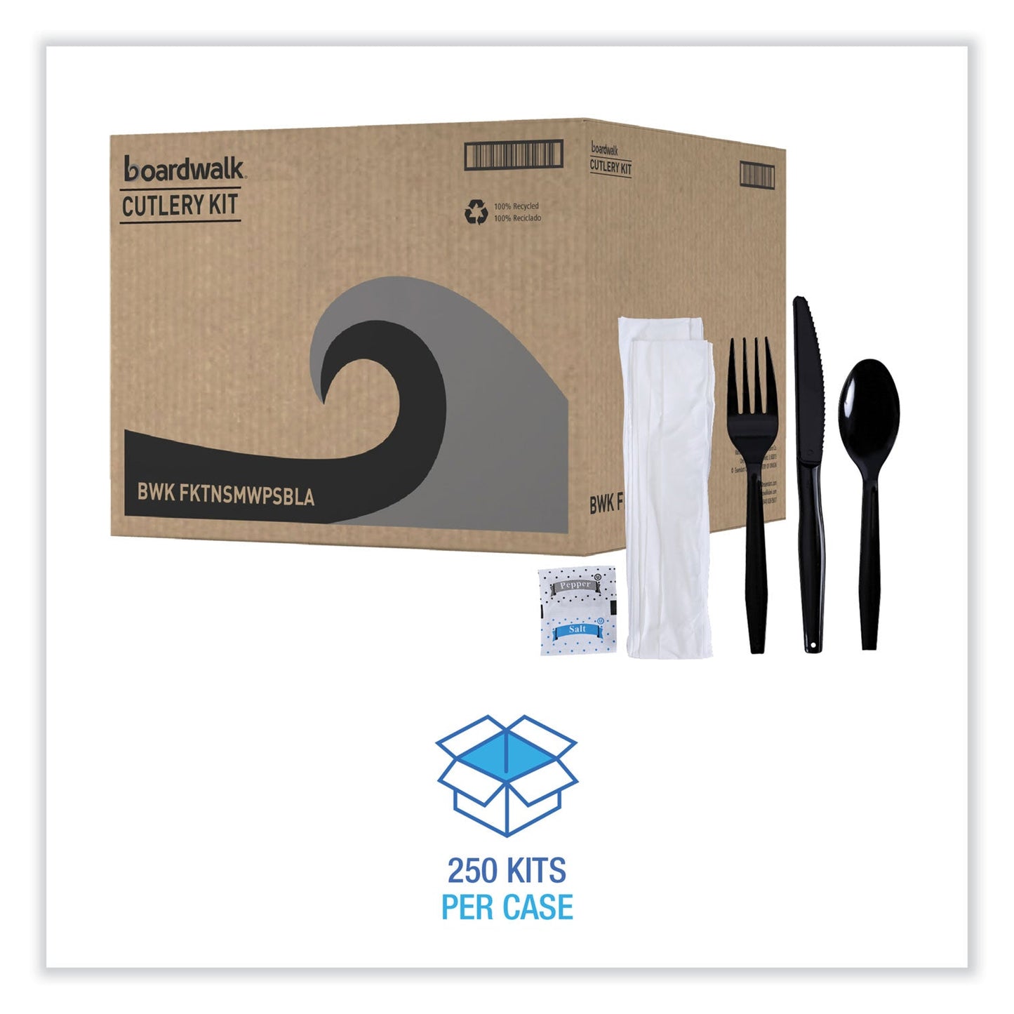Boardwalk Six-Piece Cutlery Kit, Condiment/Fork/Knife/Napkin/Teaspoon, Black, 250/Carton