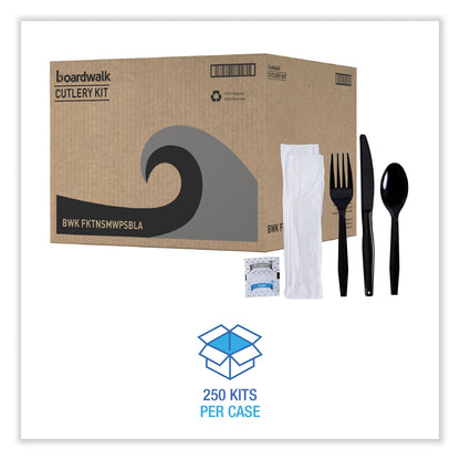 Boardwalk Six-Piece Cutlery Kit, Condiment/Fork/Knife/Napkin/Teaspoon, Black, 250/Carton